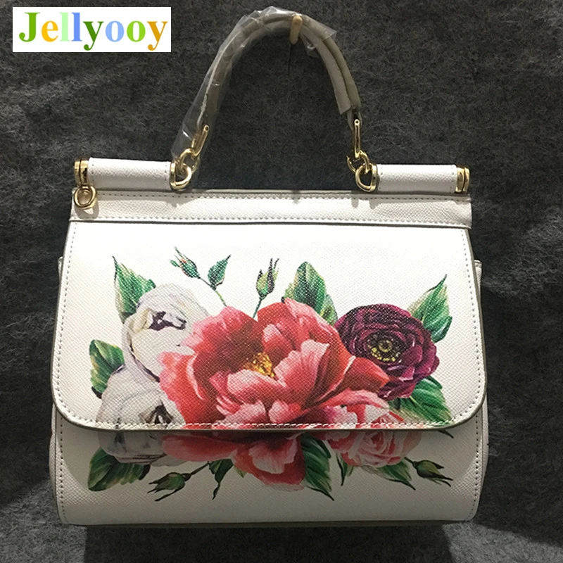 

Luxury Italy Brand Real Leather Top Quality Handbag Women Bags Print Big Flower Red Rose Shoulder Bag Famous Designer Pink White