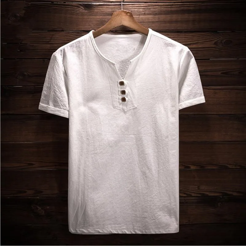 Льняные рубашки с коротким рукавом, мужские традиционные китайские льняные рубашки с v-образным вырезом, тонкие повседневные льняные рубашки для мужчин размера плюс M-6XL