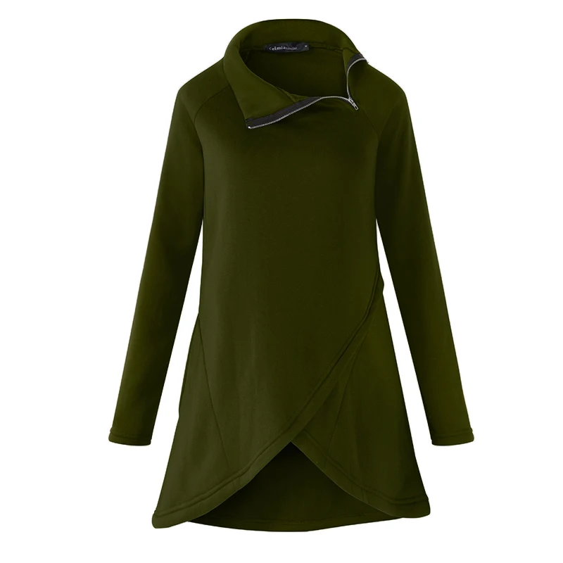 Свитер с высоким воротом для женщин, осень, с длинным рукавом, на молнии, асимметричные рубашки с карманами, однотонный Повседневный пуловер, топ размера плюс - Цвет: Армейский зеленый