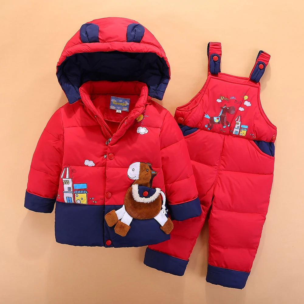 Зимние комплекты одежды для детей Детская куртка на утином пуху для девочек и мальчиков от 2 до 4 лет, штаны комбинезон+ куртка с капюшоном для холодной русской погоды-30C