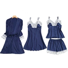 Красный женский комплект из 4 предметов: топ на бретелях и штаны Пижама комплекты одежды для сна Весенняя домашняя ночная рубашка соблазнительное кимоно халат Bathrobe