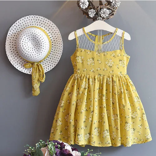 Humor bear/комплекты одежды для девочек г. Новое летнее платье с цветочным узором+ Солнцезащитная шляпа для девочек, цветочный дизайн, комбинированное газовое многослойное платье - Цвет: yellow