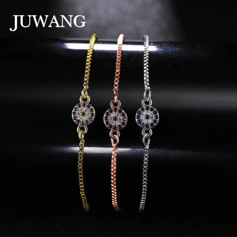 

JUWANG Ali Moda Greek Round Evil Eye Charm Bracelets for Woman Adjustable Chains Pave Zircon Rhinestone Bracelet Jewelry