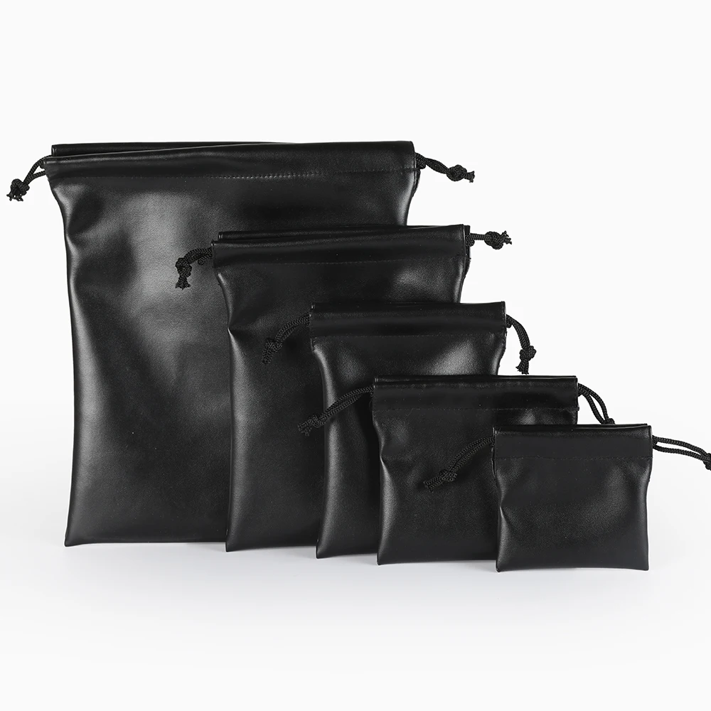 Men Electric Shaver Storage Bag Black PU Leather Drawstring Pouch for Game Controller Headphones Protector Pocket
