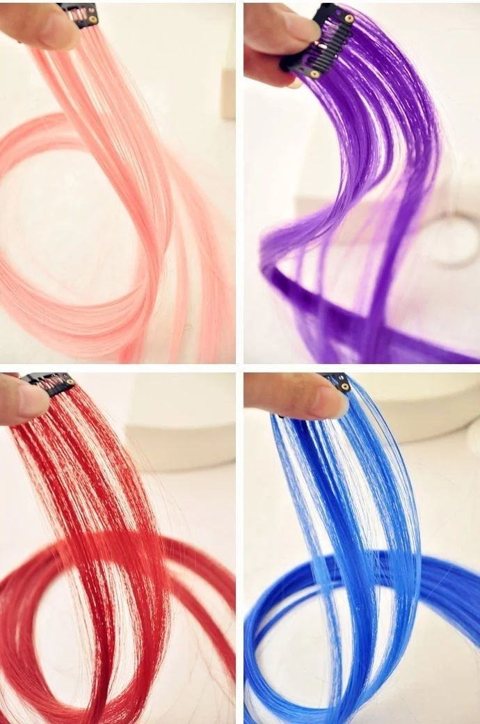 Streaks Extensions Dye Fashion 2Pcs Clip 10Color Synthetic Lady Women's Colorful Hair Wig