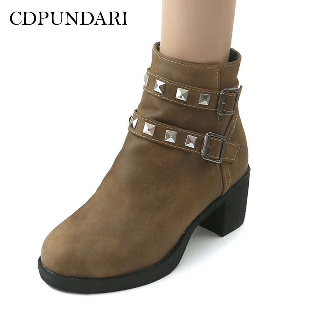 

CDPUNDARI Round Toe PU Ankle boots for women High heel Platform boots Round Toe Winter shoes woman
