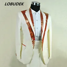 Модные мужские костюмы Свадебные платья жениха мужская одежда белый красный блёстки блейзеры костюм формальный Выпускной певец и ведущий сценический наряд