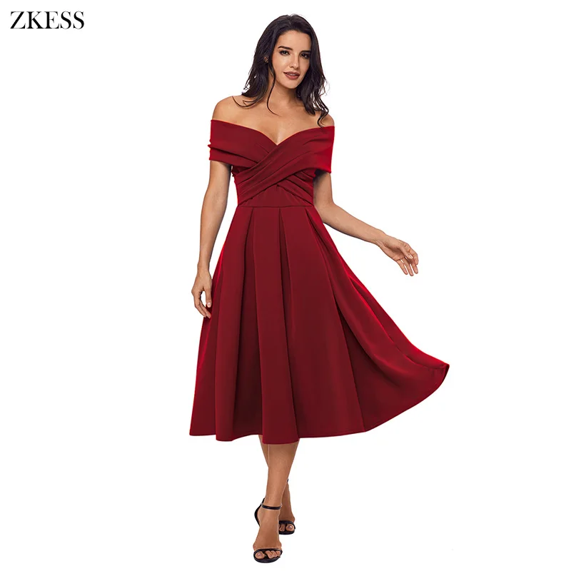 Burgundy-Crossed-Off-Shoulder-Fit-and-flare-Prom-Dress-LC61877-3-3 