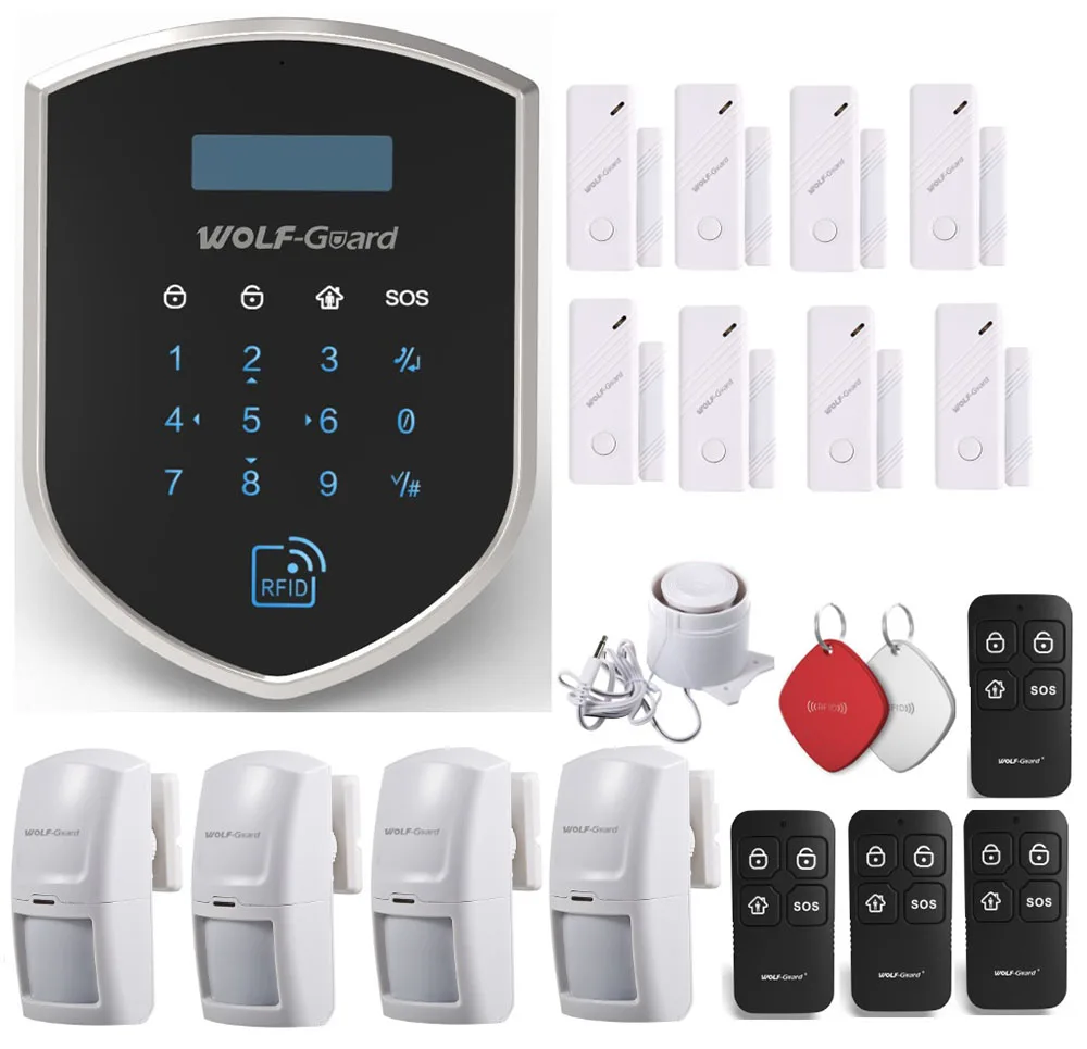 Wolf-Guard Wireless GSM Wifi Smart Home Security Burglar Alarm System Door Sensor PIR Motion Detector Remote Controller RFID Wolf-Guard Wireless GSM Wifi Smart Home Security Burglar Alarm System Door Sensor PIR Motion Detector Remote Controller RFID