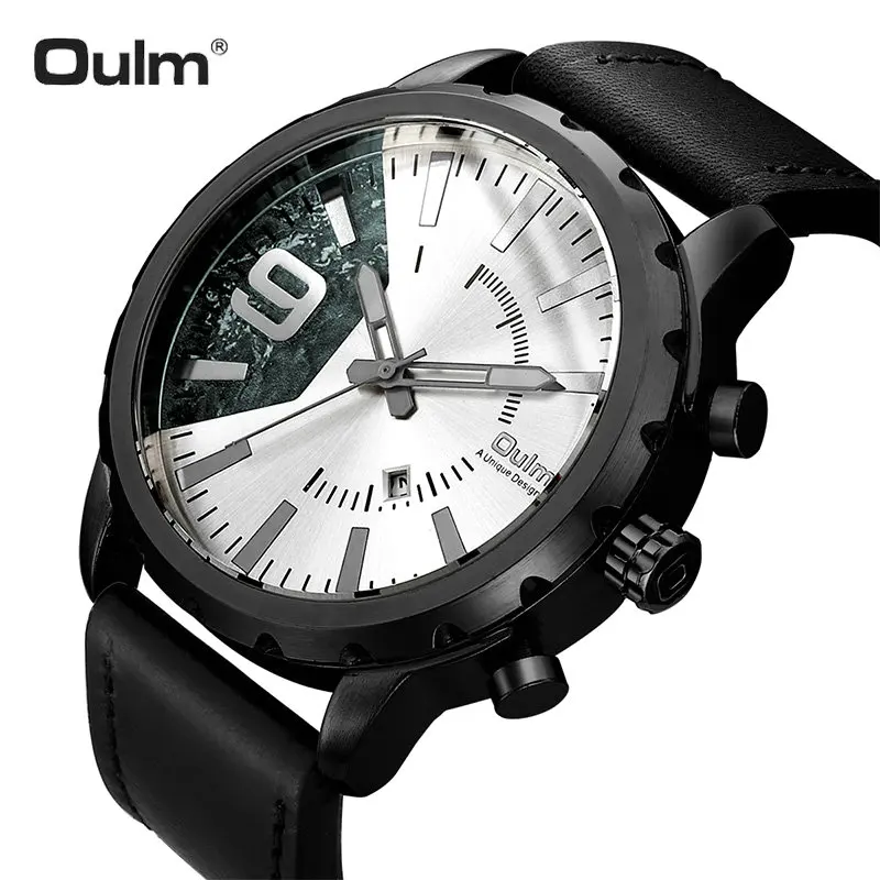 

OULM Fashion Dress Quartz Watch Men Genuine Leather Strap Oversize Case Urban Modern Minimalist Mens Watches Top Brand Luxury
