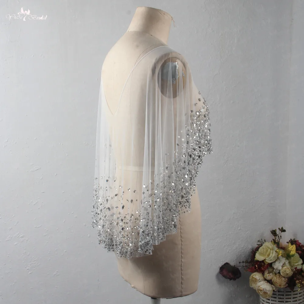 LZP415 Real Pictures Silvery Crystal White Tulle Boat Neckline Wedding Cape Ladies Heavy Beaded Bridal Jacket