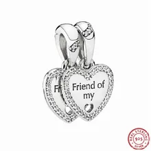 Двойные мерцающие сердца кулон дружбы Шарм бусины для самостоятельного изготовления ювелирных изделий Fit PANDORA Подвески Серебро 925 FL586