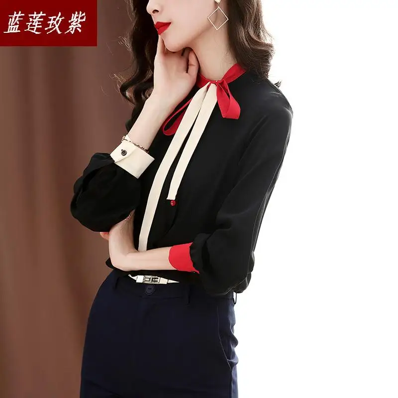 

Black Silk Shirts blouses fashion Women's New Spring and autumn 2019 Long Sleeve Silk Blouse Butterfly slim bow shirt female