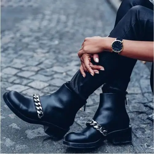 

Fashion Zipper Women Booties Autumn Shoes Round Toe Low Chunky Heel Motorcycle Boot Black Leather Gold Silver Chain Ankle Boots