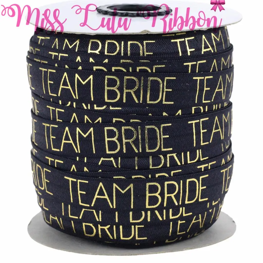 5/" 16 мм Золотая фольга" Team Bridal "с принтом в виде слова, складывающаяся эластичная лента, галстук для волос, сделай сам, свадебный подарочный пакет, 10 ярдов/рулон