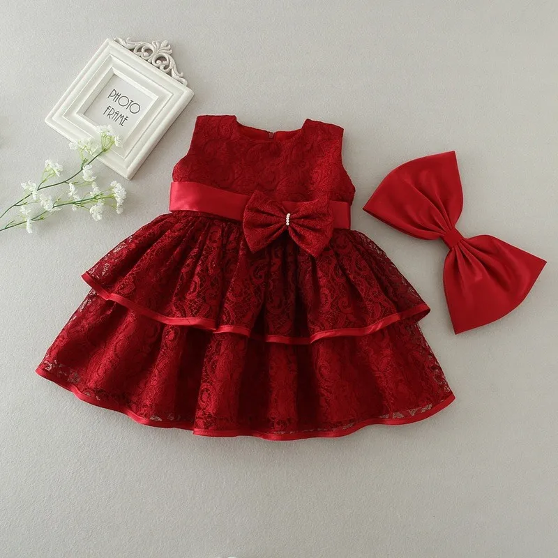 Милые платья с бантом для маленьких девочек, коллекция года, Брендовое кружевное платье для девочек, бальное платье, детское платье, одежда для дня рождения, детское платье принцессы - Цвет: Красный