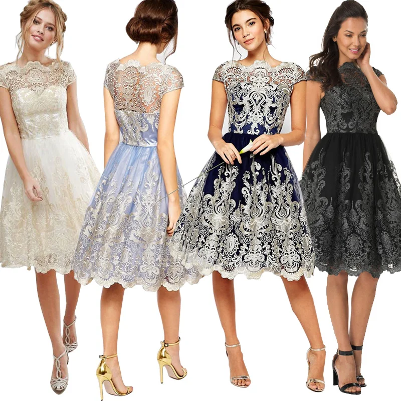 

New Sexy Women Fashion Retro Swing Vintage Elegent Short Sleeve Cocktail Party Retro Embroidery summer casual dress