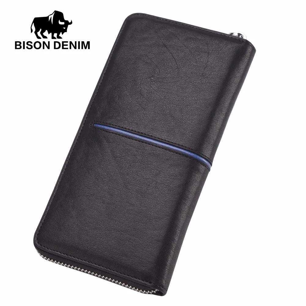 Мужской Длинный кошелек BISON DENIM черный деловой бумажник из натуральной кожи