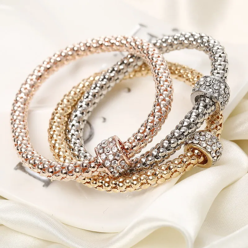 

3 Pcs/Set Crystal Round Bracelets&Bangles 3 Color Rose Gold Silver Bracelets Pendants Rhinestone Bracelet Women bracelet femme