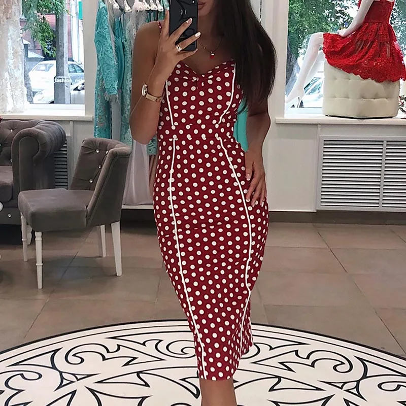 

Polka dots print summer dress 2019 Slim strap sexy night club party dress women Fitness bodycon dresses Elegant ladies vestidos