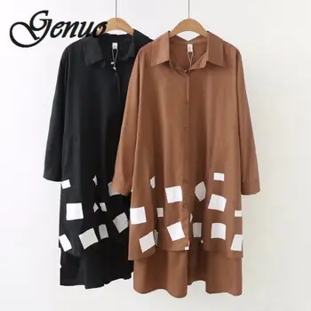 

Women Blouse Shirts Long Sleeve Cotton Top Autumn Femme Lady Large Loose Clothing Print Spliced Pleated Plus Size Black
