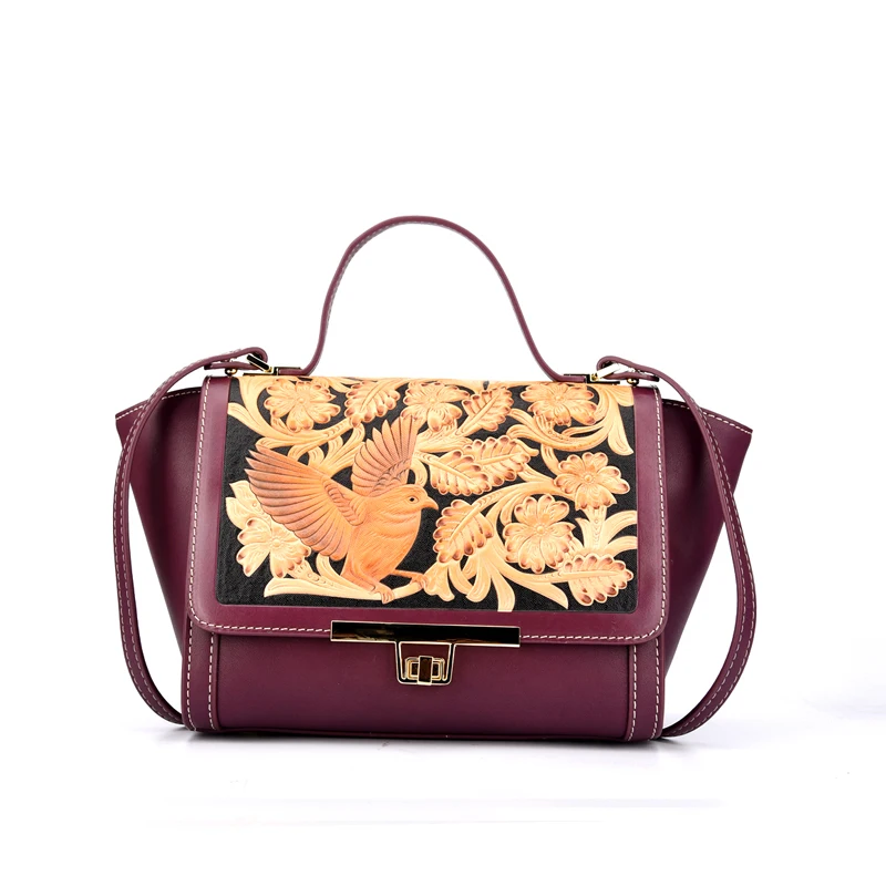 

Vintage Engraved Flower and Birds Designer Genuine Cow Leather Women's Three-way Purple Shoulder Bag Ladies Handbag Trapeze Bag