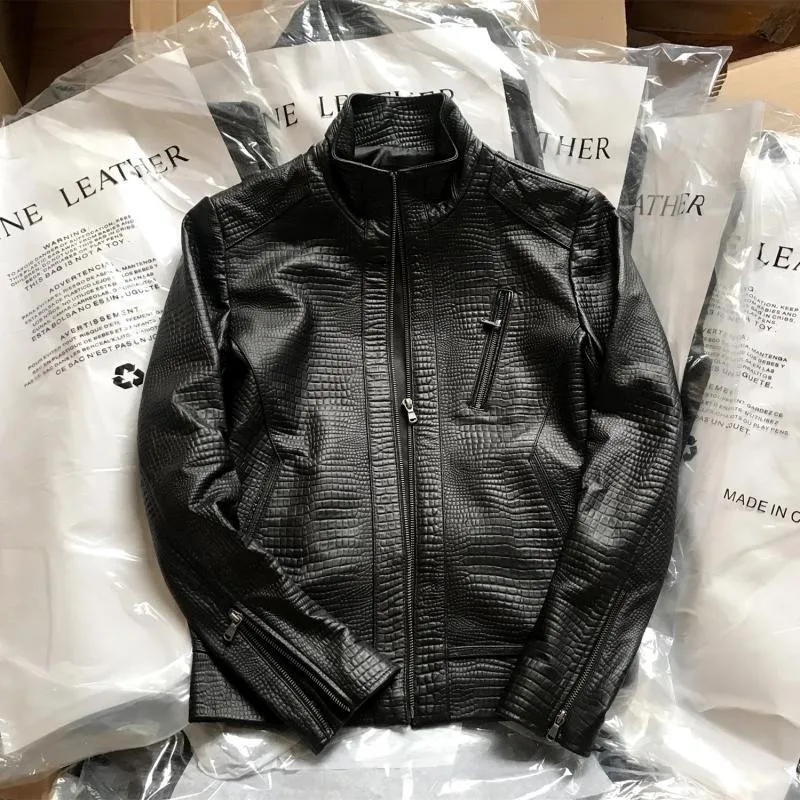 Лидирующий бренд, Мужская облегающая байкерская куртка из натуральной кожи с крокодиловым узором, пальто со стоячим воротником, Непродуваемые куртки для мотоциклистов