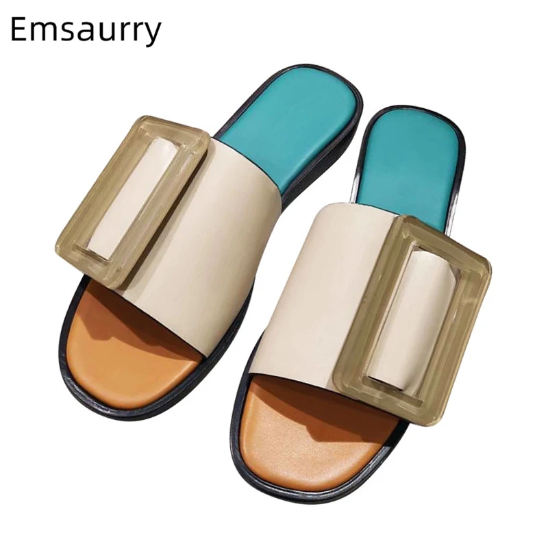 

Big Square Buckle One-strap Slippers Women Genuine Leather Mixed Color Patchwork Open Toe Flat Slides Summer Shoes Woman