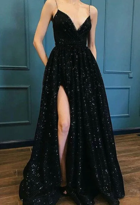 Robe De Soiree вечернее платье с блестками и v-образным вырезом Элегантное Длинное торжественное платье на тонких бретелях с Боковым Разрезом vestido de festa Abiye - Цвет: as pic