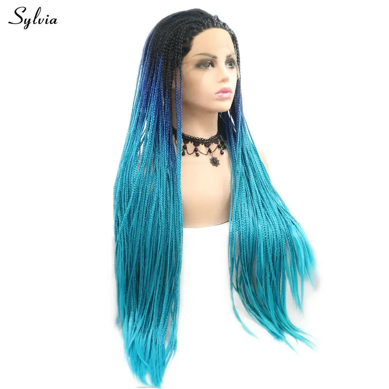 Sylvia черный темное Омбре Синий плетеная коробка плетеный синтетический парик фронта шнурка термостойкие парики косплей для женщин плетеные парики