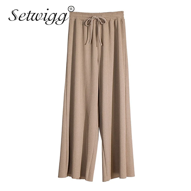 

Spring Summer Cool Knitted Wide Leg Ankle Casual Pants for Women Elastic Waist Draw String Ice Silk Touch Female Knit Trousers
