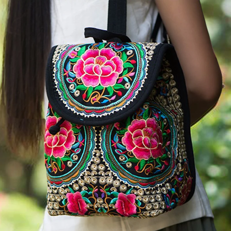 

New Chinese Floral Embroidery Women backpack Hot Original National Embroidered Ethnic Canvas Small Flap Backpack Sac a Dos Femme