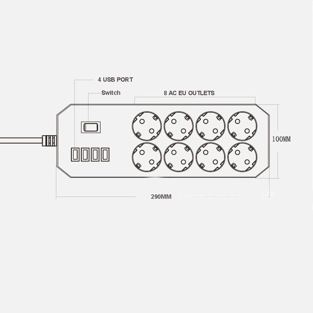 Многоразовый сетевой фильтр 8 розеток переменного тока, штепсельная розетка европейского стандарта с USB зарядным устройством, удлинитель 1,8 м для компьютера, телевизора, смартфона