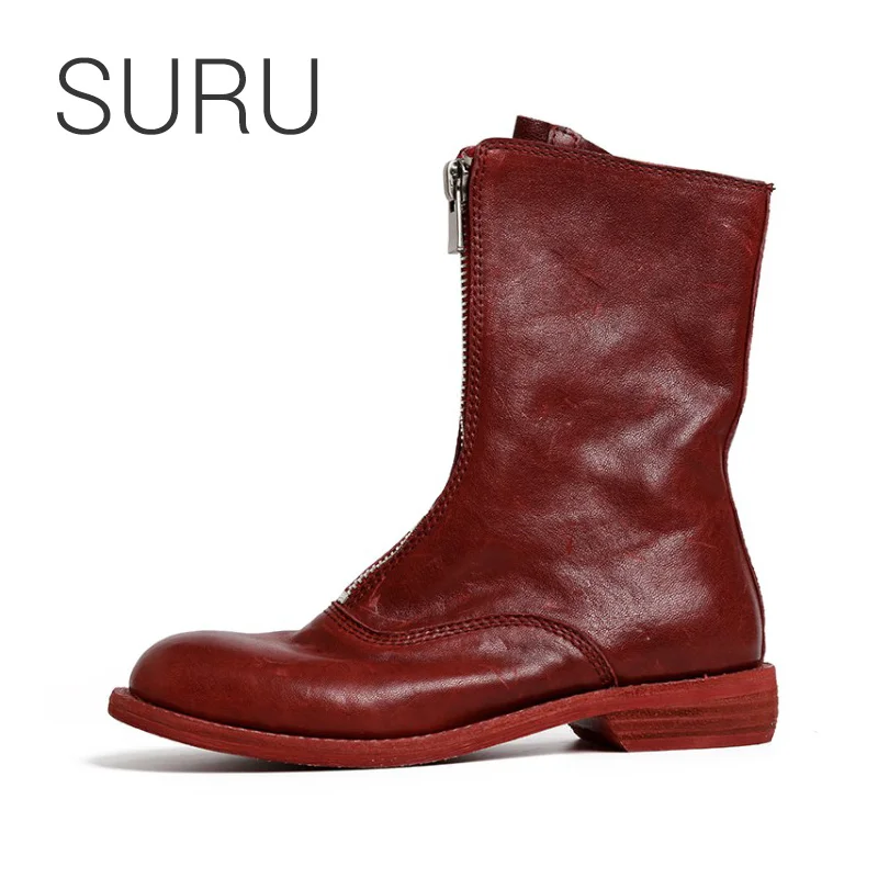 

SURU Leahter Front Zip Boots Women Low Heel Autumn Fashion Boots Wine Red / Black / Milk White