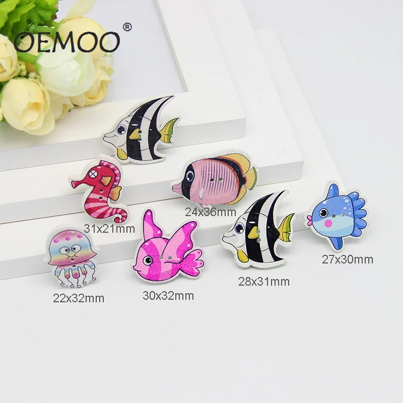 

50PCs Mulity StyleWholesale Natural Wooden Buttons Colorful Mixed Fish Scrapbook Sewing Accessories DIY Craft 2 Holes