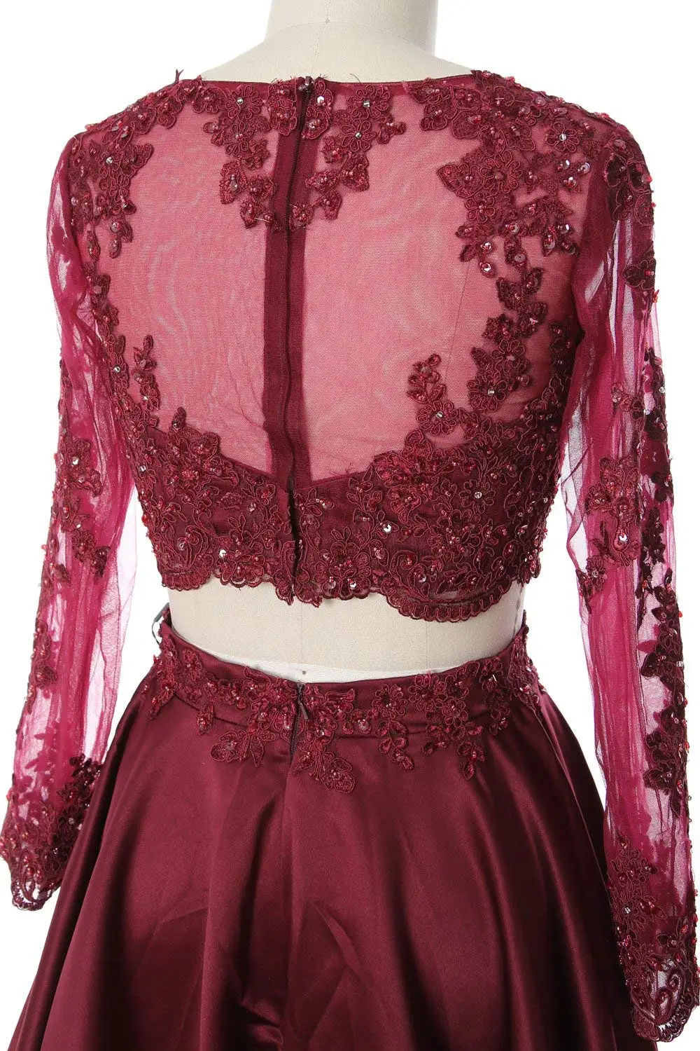 MACloth Women Lace Satin Formal Evening Gown Two Piece Long Sleeve Prom Dress