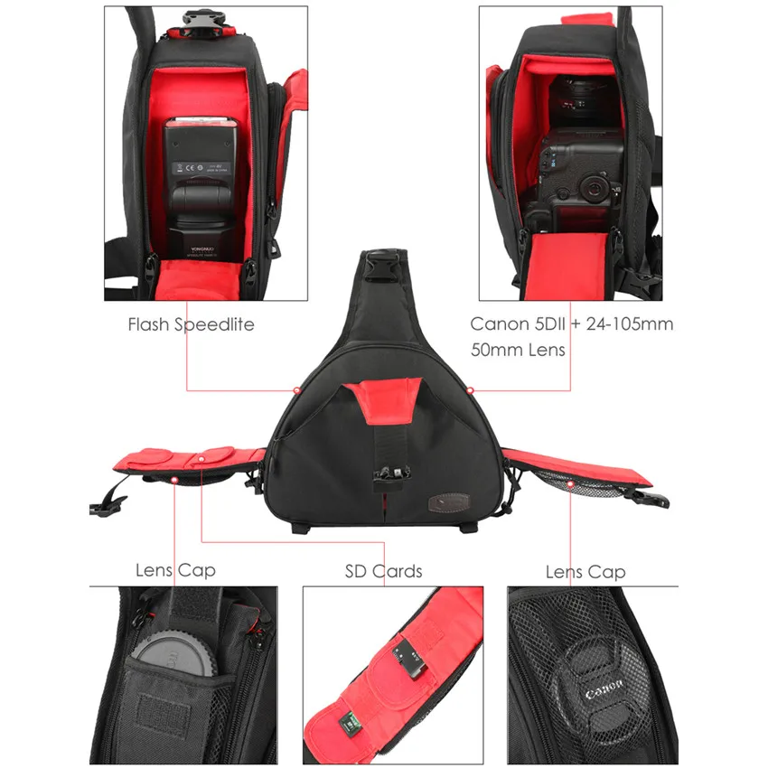 Camera Video Sling Shoulder Cross Body Triangle Package Bag Case Waterproof w/ Rain Cover Men Women Soft Padded for Canon Nikon