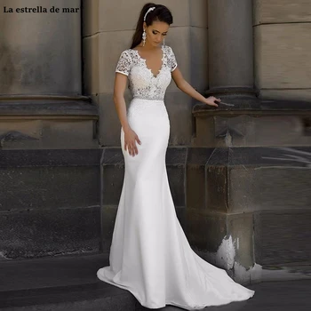 

vestidos de novia new sexy V neck crystal belt lace satin short sleeves ivory sexy mermaid wedding dresses trailing beach bride