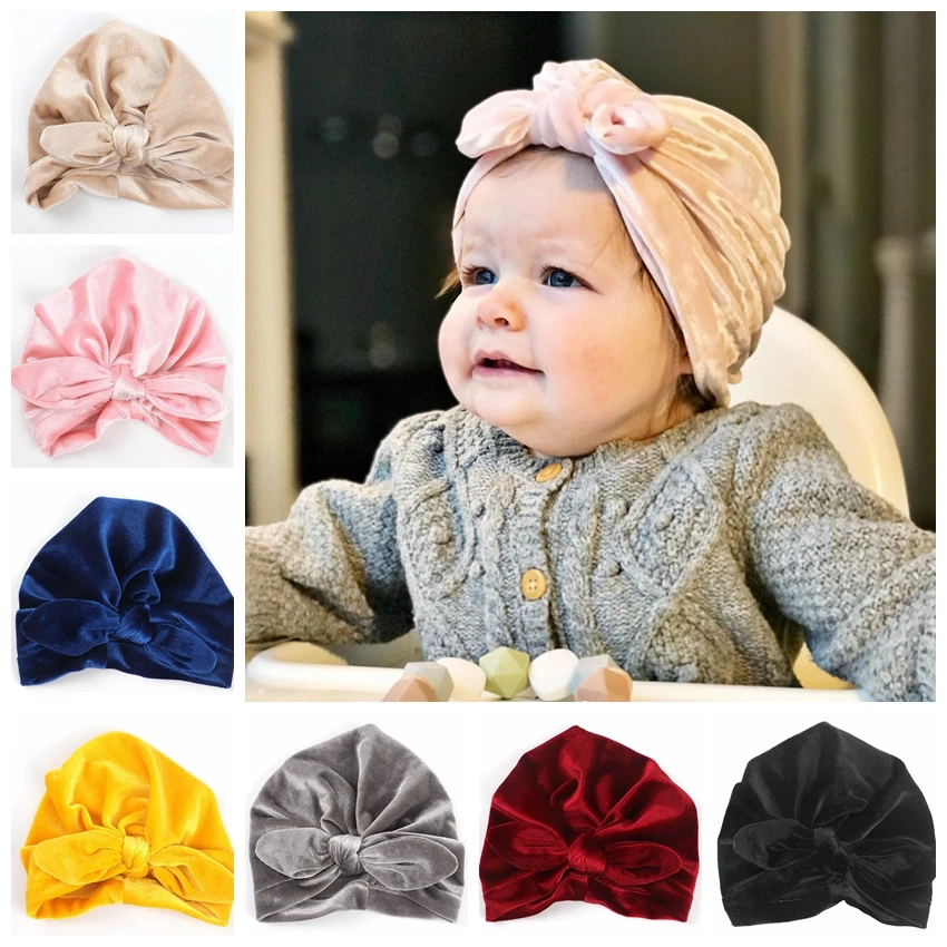 Новый 9 Цвета модная бархатная тюрбан шапка с ушками для новорожденных шапочки стильный Топ узел шапки Головные уборы Подарок на день