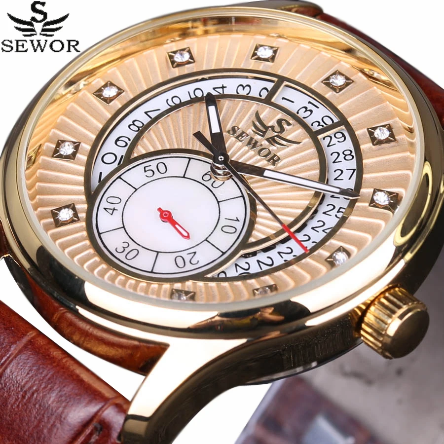 

SEWOR Royal Diamond Design Top Luxury Brand Business Men Watches Date Rattrapante Clock Automatic Mechanical Watch Leather Strap
