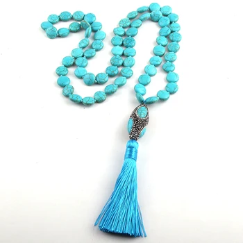 

Fashion Long Knotted Flat White/blue Stones Bead Handmade Paved Stone Link Tassel Necklace For Women Necklaces