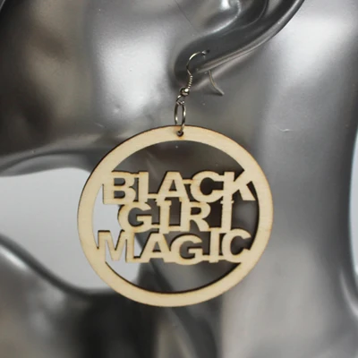 Необработанная деревянная лазерная резка черная девушка волшебные буквы круглые висячие серьги модные деревянные афро ювелирные изделия - Окраска металла: beige