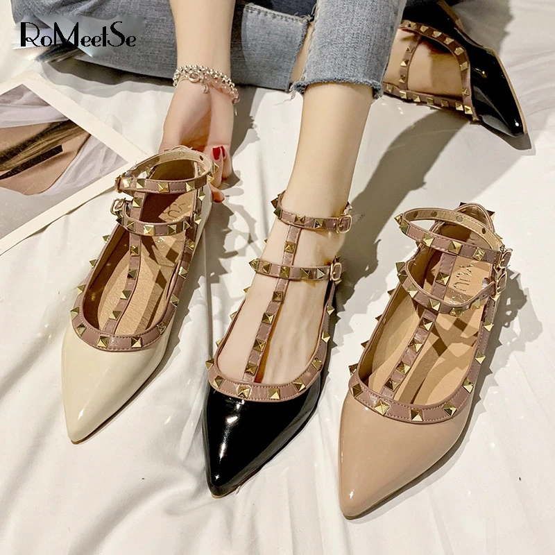 

Women Flats 2019 T Strap Woman Shoes Rivet Flat Shoes Double Buckle Ladies Casual Shoes Patent Leather chaussures femme 76C05