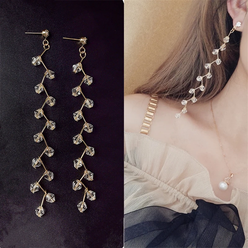 

2019 Hot New Fashion Black White Crystal Beaded Brincos DIY Pure Hand-Made Long Statement Tassel Drop Earrings Women Jewelry