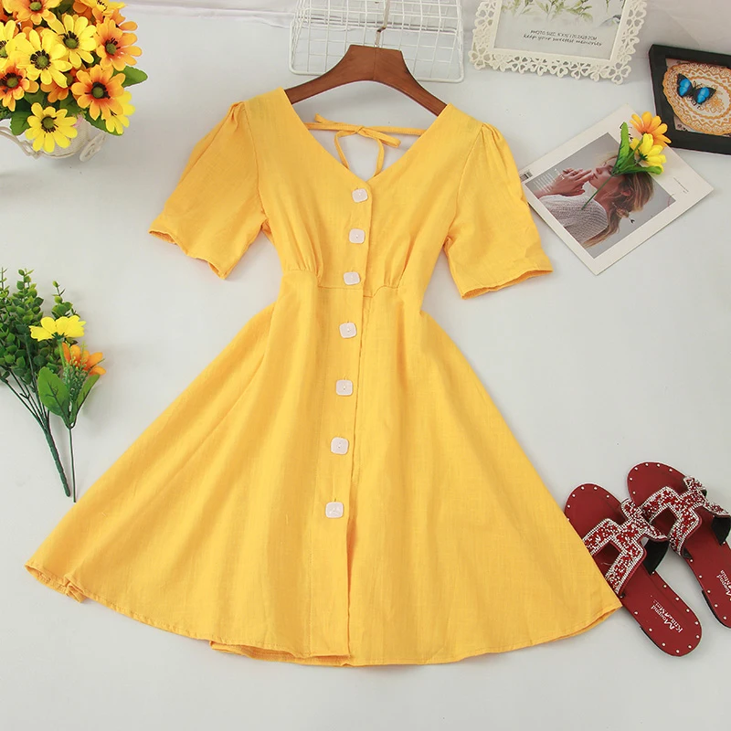 

FMFSSOM New Solid Single Breasted Backless Women Dress Casual A-line Mini High Waist V-Neck Short Sleeve Female Dress