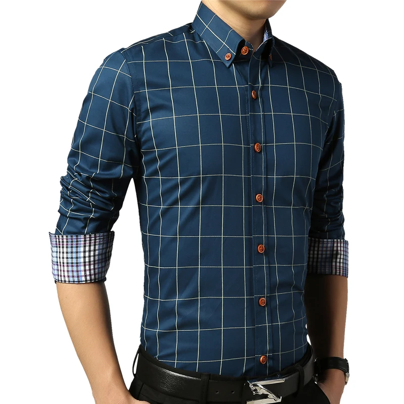 

Long Sleeve Shirts Fashion Men Clothes Slim Fit Mens Shirts Plaid Casual Men Shirt Social Plus Size M-5XL 7 Color
