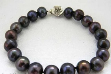 

free shipping 13402 8" 9-10mm round black freshwater pearl Bracelet
