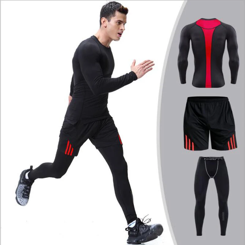 

2018 men running set long sleeve jogging suits for men gym clothing tight long pants+ shorts workout sports suit run tracksuit