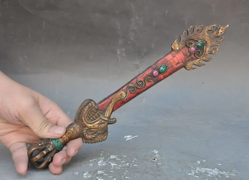 

christmas 12"Tibet Buddhism bronze Inlay Turquoise Coral Phurpa Vajra Exorcism Monju Sword halloween