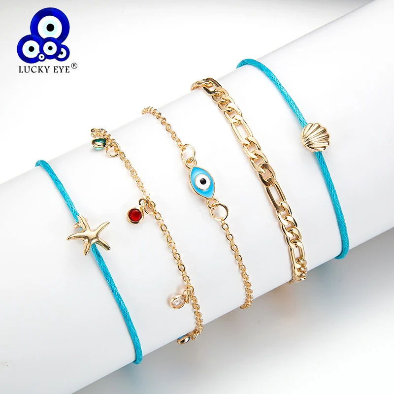 

Lucky Eye Blue Rope Gold Color Chain Ankle Bracelet Starfish Shell Colorful Rhinestone Evil Eye Anklet Feet Leg Women Jewelry